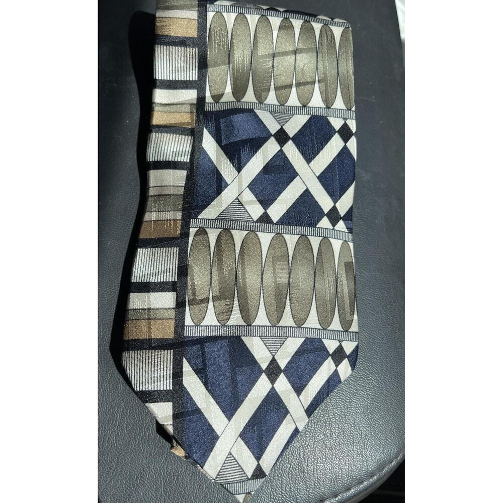 Conte de Milano Tie Navy Blue Olive Green Beige Cream Abstract Geometric Mens